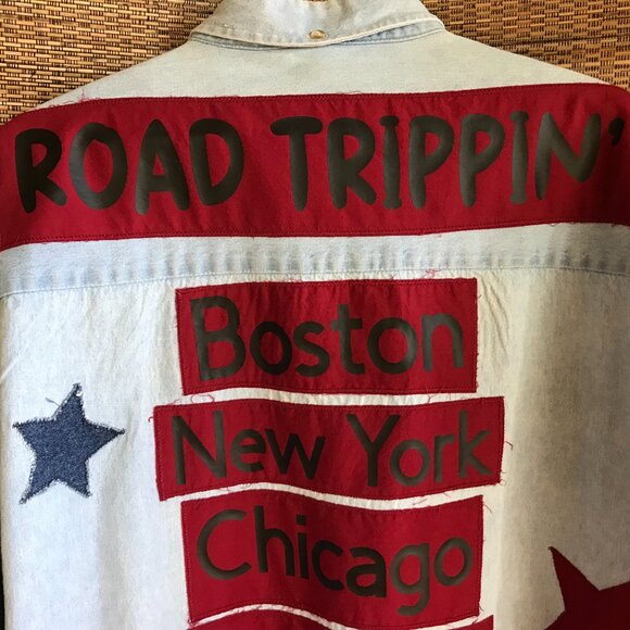 Upcycled Denim Road Trip Shirt: Patchwork Stars, Waffle Knit Sleeves (Unisex XL) - Picture 4 of 12